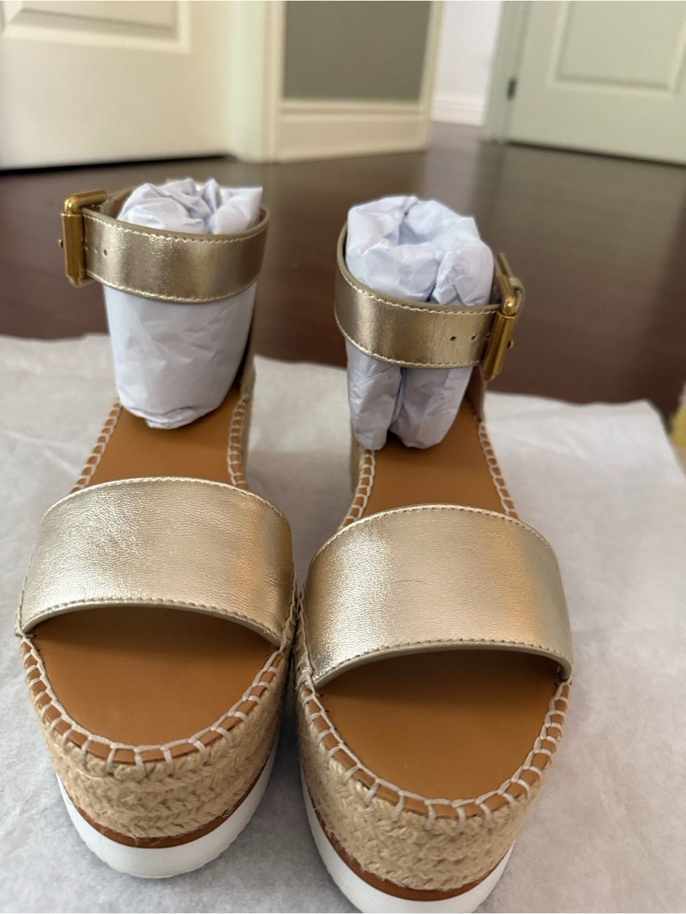 See By Chloé Metallic Gold Espadrille Platform Sandals